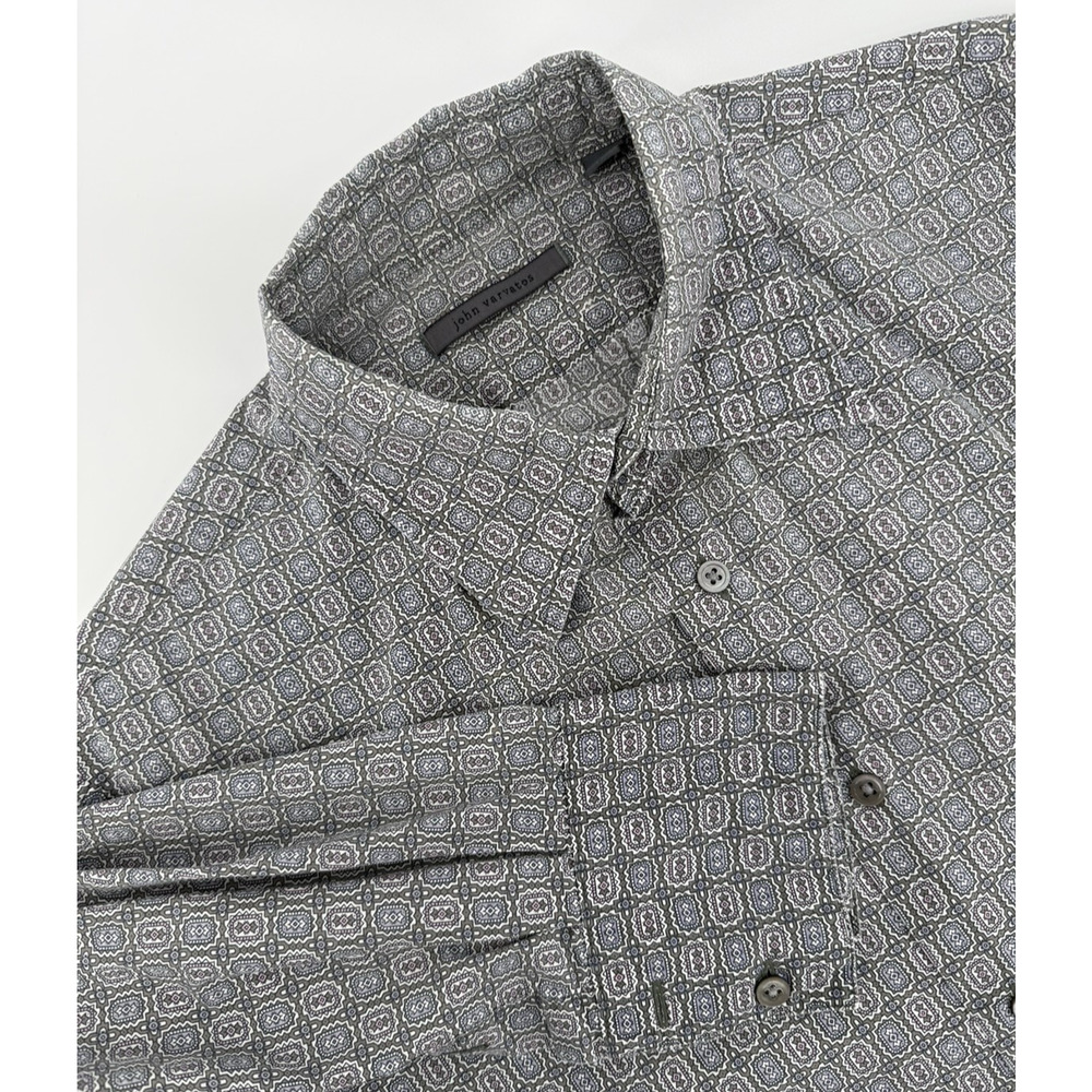 John Varvatos Men's Large Shirt Gray All Over Print Casual Button Up 100% Cotton